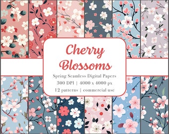 Cherry Blossoms | Spring-Themed Pattern | Seamless Repeat Pattern | Spring-Themed Digital Paper | 12 Images PNG Bundle | Commercial Use