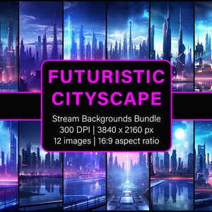 Futuristische Stadtansicht | Vtuber Hintergrund | Hintergrund | Twitch Hintergrund | Virtueller Hintergrund | PNG Bundle von 12