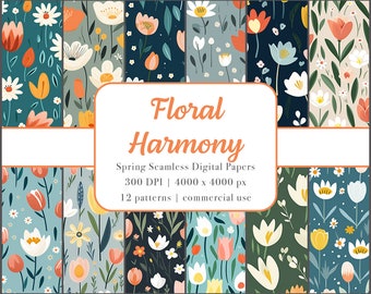 Floral Harmony | Spring-Themed Pattern | Seamless Repeat Pattern | Spring-Themed Digital Paper | 12 Images PNG Bundle | Commercial Use