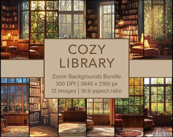 Cozy Home Library Zoom Backgrounds – Library Virtual Backgrounds for Video Calls Virtual Backdrop for Zoom, Digital Office Wallpaper 12 Pack