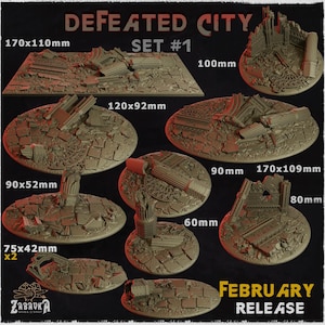 Könnte beinhalten: Ein Set mit 10 Miniatursockeln aus Resin für Tabletop-Spiele, die eine zerstörte Stadt darstellen. Die Sockel sind in verschiedenen Größen von 60 mm bis 170 mm Durchmesser erhältlich. Die Sockel verfügen über detaillierte, geformte Trümmer, zerbrochene Säulen und rissige Pflaster.