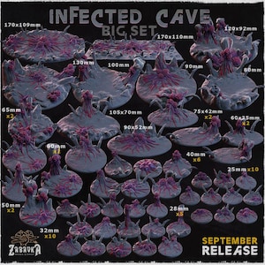 Könnte beinhalten: Eine Sammlung von grauen und violetten Infected Cave Miniatur-Bases in verschiedenen Formen und Größen, beschriftet mit metrischen Maßen. Das Set enthält runde, ovale und rechteckige Bases mit organischen, tentakelartigen Wucherungen.