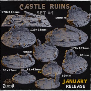 Könnte beinhalten: Ein Set aus 10 grauen Resin-Burgruinen-Basen für Tabletop-Spiele. Die Basen sind in verschiedenen Größen von 60 mm bis 170 mm Durchmesser erhältlich. Die Basen verfügen über detaillierte Steinmetzarbeiten und bröckelnde Mauern.