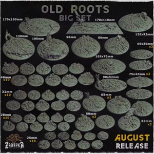 Pode incluir: Uma coleção de bases em miniatura cinzentas rotuladas como Old Roots Big Set, apresentando várias formas circulares e ovais com designs de raízes texturizados. O conjunto inclui vários tamanhos de 25mm a 170x109mm, com quantidades indicadas.