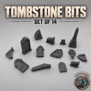 Könnte beinhalten: Ein Set aus 14 grauen Miniatur-Grabstein-Teilen mit verschiedenen verwitterten Grabmarkierungen, darunter aufrechte Grabsteine, zerbrochene Platten und ein Obelisk. Der Text TOMBSTONE BITS SET OF 14 steht oben, ergänzt durch ein kreisförmiges Logo.