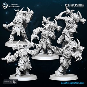 May include: Five 3D printed miniature figures of demonic creatures with horns, claws, and armor. The figures are posed in dynamic stances and are ready to be painted.