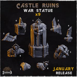 Könnte beinhalten: Eine Sammlung von neun grauen Kriegsstatue und Burgruinen, darunter eine zentrale Statue eines Ritters mit einem Schwert. Der Text "CASTLE RUINS WAR STATUE x9" steht oben, mit "JANUARY RELEASE" unten. Das Zabavka-Logo befindet sich unten links.