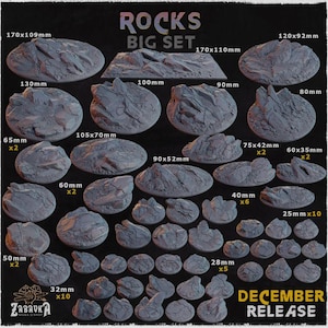 May include: A collection of gray, textured rock models of various sizes, labeled with measurements in millimeters. The image is titled "ROCKS BIG SET" and includes the text "DECEMBER RELEASE".