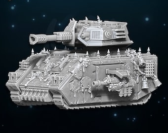 Pode incluir: Um tanque em miniatura cinza, pré-suportado, com um canhão grande e vários canhões menores. O tanque tem um design detalhado com espinhos, correntes e superfícies texturizadas. O texto "DEN OF IMAGINATION" e "PRE-SUPPORTED" são visíveis.