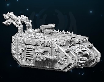 Pode incluir: Um modelo de impressão 3D detalhado de um tanque futurista fortemente blindado com uma grande grade frontal ameaçadora e uma torre de canhão cilíndrica longa. O tanque é coberto de detalhes intrincados, incluindo tubos, fios e espinhos. O modelo é pré-suportado e compatível com "Dark Page Rules".
