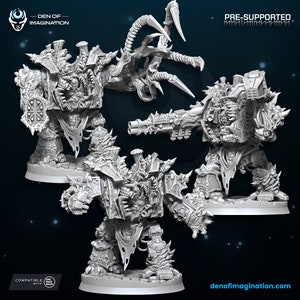Könnte beinhalten: Drei graue 3D-gedruckte Miniaturen einer grotesken, biomechanischen Kreatur mit mehreren Gliedmaßen und Waffen. Die Miniaturen sind vorab unterstützt und kompatibel mit 28mm-Regeln. Der Text "DEN OF IMAGINATION" und "PRE-SUPPORTED" ist im Bild sichtbar.