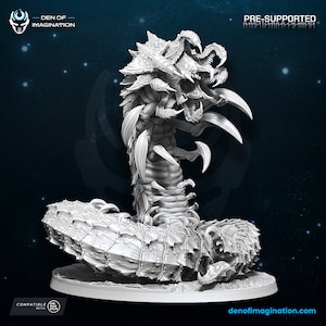 May include: A detailed, pre-supported, gray 3D printed miniature of a monstrous, segmented worm-like creature with multiple rows of sharp teeth and claws. The creature is curled in a defensive posture, with its head raised and its claws extended. The miniature is compatible with "One Page Rules" and is available on denofimagination.com.