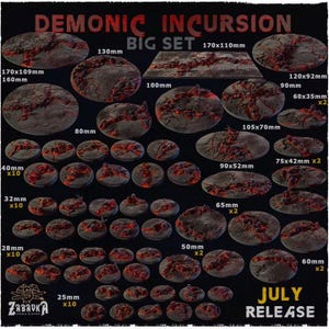 Op de afbeelding: Een Demonic Incursion Big Set van miniatuurvoeten met een donkere, gebarsten aardetextuur en gloeiende rode lava-spleten. De collectie bevat diverse ronde en ovale maten variërend van 25mm tot 170x110mm, gelabeld met specifieke metrische afmetingen.