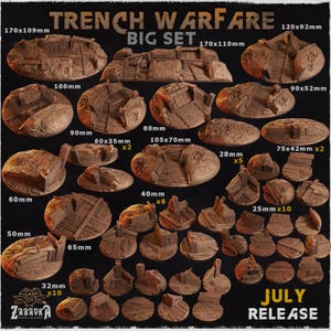 Könnte beinhalten: Eine Sammlung brauner Miniatur-Geländestücke für den Grabenkrieg für Tabletop-Spiele. Das Set enthält verschiedene Größen und Formen, mit Abmessungen von 2,5 cm bis 17 cm. Der Text "TRENCH WARFARE BIG SET" und "JULY RELEASE" sind sichtbar.