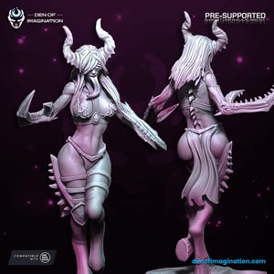 May include: A 3D printed miniature of a female demon with horns, a tail, and sharp claws. The miniature is posed in a dynamic action pose, with one arm raised and the other holding a dagger. The miniature is printed in a light grey colour and is pre-supported for easy printing.