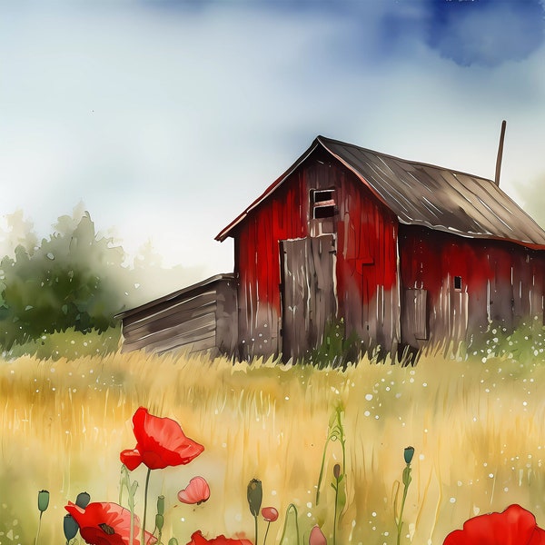 Red Barn and Poppies #1 - Wall Art, Housewarming Gift, Father's Day Gift, Mother's Day Gift, Anniversary Gift, Wedding Gift, Vintage Farm