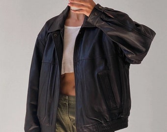 Women's handmade oversized genuine leather black bomber jacket