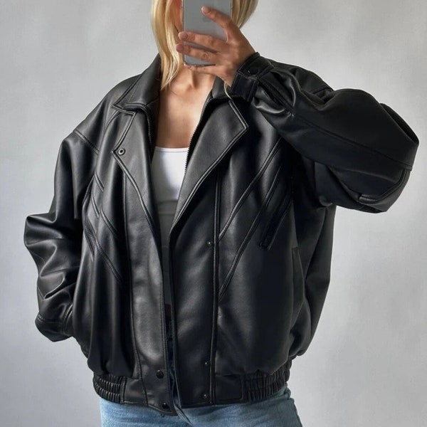 Women 80's Vintage Oversize 100% Genuine Sheepskin Unique Style Vintage Oversized Black Ladies Retro Leather Jacket