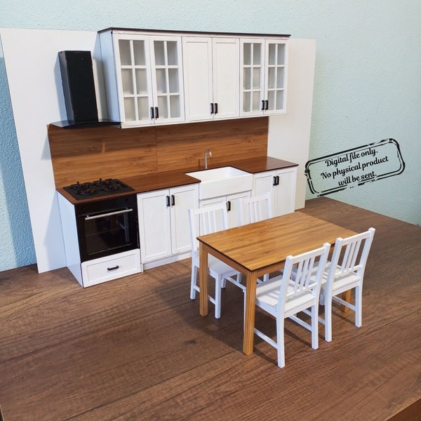 FICHIER NUMÉRIQUE Armoires de cuisine modernes miniatures à l'échelle 1/6 pour Barbie, poupées Blythe, four, cuisinière et boîte à rames, table et chaises de cuisine