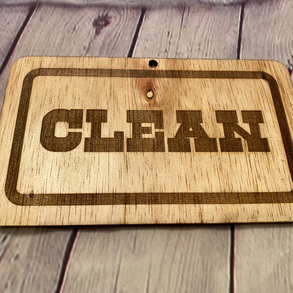 Dirty Clean Double Sided Hanging Sign Laser Carved and Engraved Wooden Sign Laundry Dishwasher Clean Dirty Sign Suction Cup Metal Hook