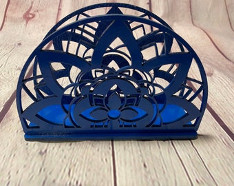 Napkin Holder Wooden Laser Carved Elegant Blue Half Moon Floral Design 4" Tall x 5.5" Wide Wooden Napkin Holder