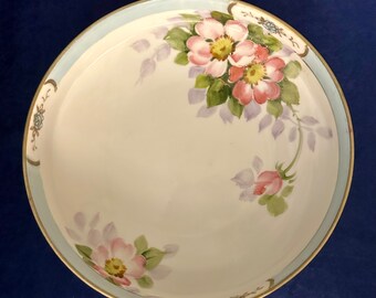 Antique Hand-Painted Nippon Footed Porcelain Bowl Pink Dogwood Gilt Rim