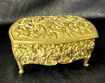 Vintage silver tone metal trinket box ornate raised relief design