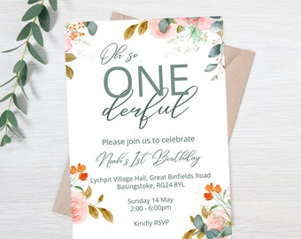 1st Birthday editable invitation template, Digital or Print file - Sage Bloom Collection - Coral and Orange Floral