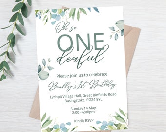 1st Birthday editable invitation template, Digital or Print file - Sage Bloom Collection - Green and Blue