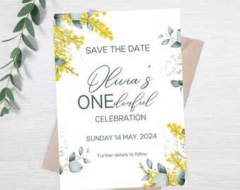 1st Birthday Save the Date, Editable invitation template, Digital or Print file - Sage Bloom Collection - Yellow Floral