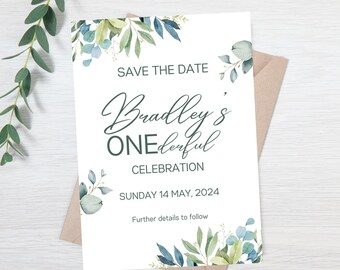 1st Birthday Save the Date, Editable invitation template, Digital or Print file - Sage Bloom Collection - Green and Blue