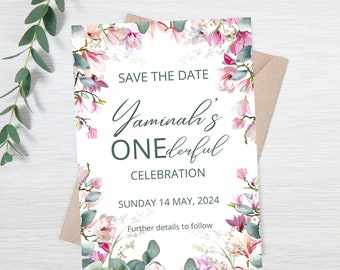 1st Birthday Save the Date, Editable invitation template, Digital or Print file - Sage Bloom Collection - Pink Floral