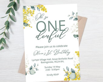 1st Birthday editable invitation template, Digital or Print file - Sage Bloom Collection - Yellow Floral