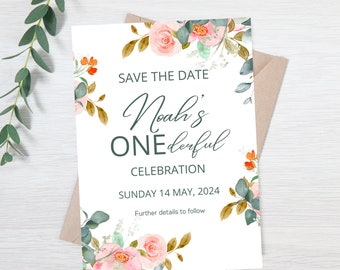 1st Birthday Save the Date, Editable invitation template, Digital or Print file - Sage Bloom Collection - Orange and Coral Floral