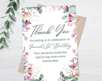 Special Occasion Birthday Thank You template, Digital or Print file - Sage Bloom Collection - Pink Floral