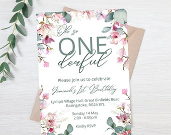 1st Birthday editable invitation template, Digital or Print file - Sage Bloom Collection - Pink Floral