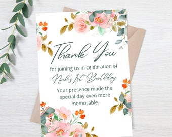 Special Occasion Birthday Thank You template, Digital or Print file - Sage Bloom Collection - Coral and Orange Floral