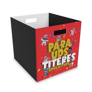 Puede incluir: Una caja de almacenamiento roja con tapa negra y un diseño colorido con personajes de dibujos animados y el texto "Para Uds Titeres Educativos".