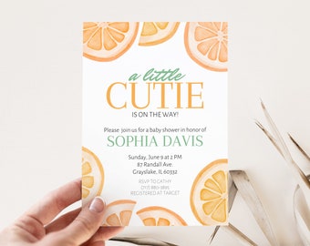 Modèle d'invitation de baby shower aux agrumes, une petite mignonne, toile modifiable, imprimable