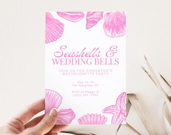 Modèle d'invitation à un enterrement de vie de jeune fille de coquillages, aquarelle rose, téléchargement sur toile