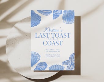 Modèle d'Invitation EVJF dernier toast sur la côte, invitation aquarelle bleue, modifiable et imprimable, téléchargement immédiat sur toile