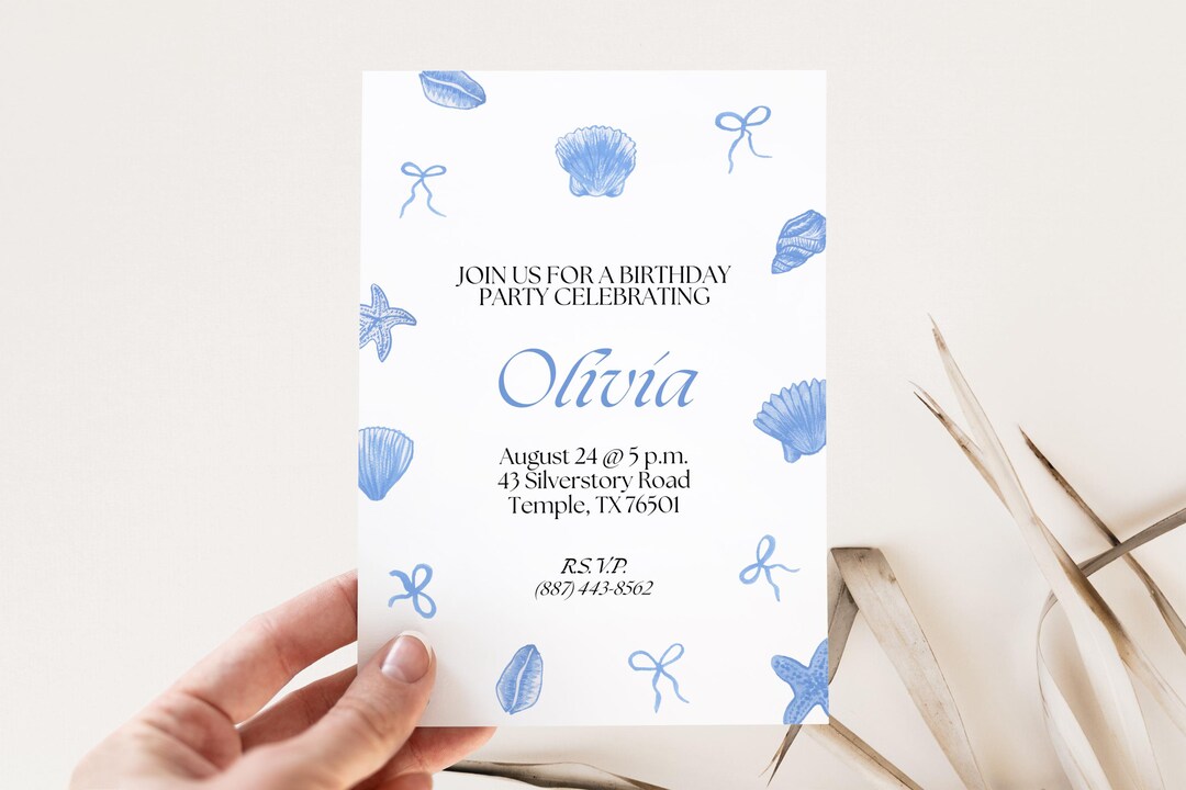 Seashells Birthday Invitation Template, 21st 30th Birthday, Blue Watercolor Invitation, Editable ...