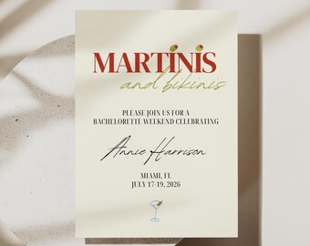 Modèle d'invitation pour enterrement de vie de jeune fille martinis et bikinis, aquarelle à télécharger