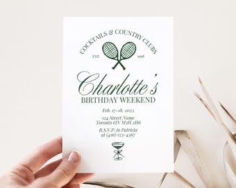 Modèle d'invitation d'anniversaire de tennis pour cocktails et country clubs à télécharger