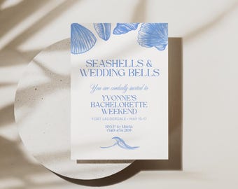 Modèle d'invitation à un enterrement de vie de jeune fille de coquillages, aquarelle bleue, téléchargement sur toile