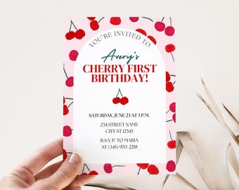 Modèle d'Invitation premier anniversaire cerise, Faire-part 1er anniversaire, cerises de petite fille, modifiable et imprimable, téléchargement immédiat Canva