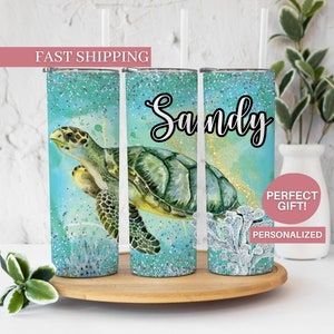 Turtle Personalized Tumbler Gift for Turtle Lover - Glitter Sea Turtle Ocean Cup Birthday Gift for Her - Custom Turtle To Go Mug for Women