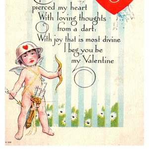 c1923 Vintage Postcard, Cupid Bow Arrow "My Valentine" Heart Flowers, Comic, Love, Writed & Posted, Embossed, Ephemera, Junk Journal A2