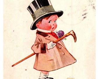 c1920 Twelvetrees ヴィンテージ ポストカード、帽子と杖を持った粋な少年、「聖バレンタインデーに」コミック、愛、投稿、エフェメラ、ジャンク ジャーナル A2