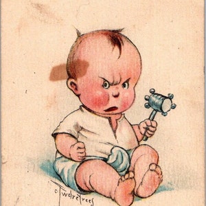 c1915, carte postale signée Twelvetrees, bébé fou, petit garçon mécontent, carte postale vintage signée, éphémère A1
